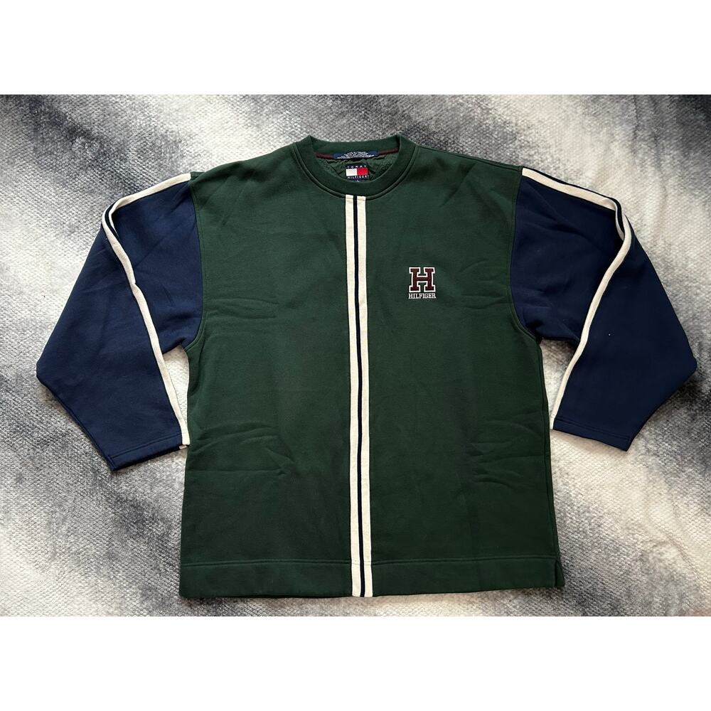 Vintage Tommy Hilfiger Crew Neck Varsity Logo Stripes Green Men Size Large